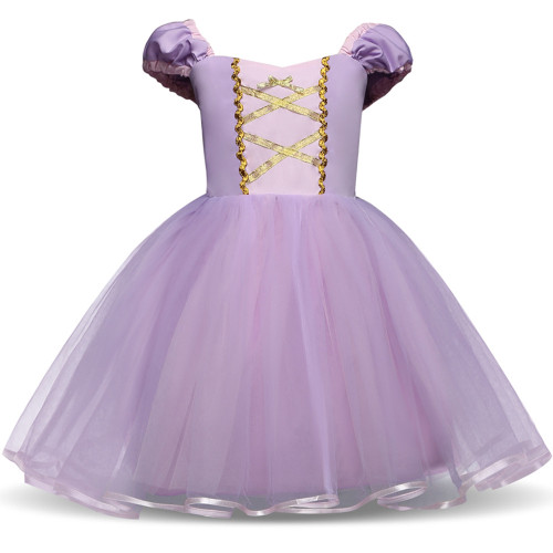Kid Girl Lantern Sleeve Cross Binding With Bowknot Mesh Purple Princess Dress