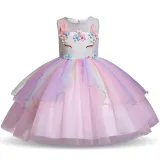 Kid Girl 3D Pearls Flowers Unicon Rainbow Mesh Layers Lace Princess Dress
