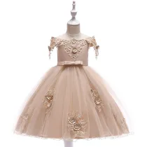 Kid Girl Pearls Embroidery 3D Flowers  Off The Shoulder Party Dress