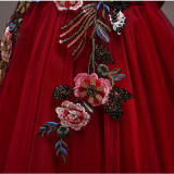 Kid Girl Red 3D Embroideried Sequins Flowers Wedding Party Dresses