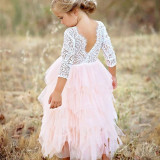 Kid Girl Hollow Lace Embroidery Flowers Layers Tutu Long Sleeve Dress
