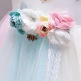 Kid Girl Embroidery Stars Moon 3D Flowers Colorful Mesh Flower Girl Dress With Bowknot