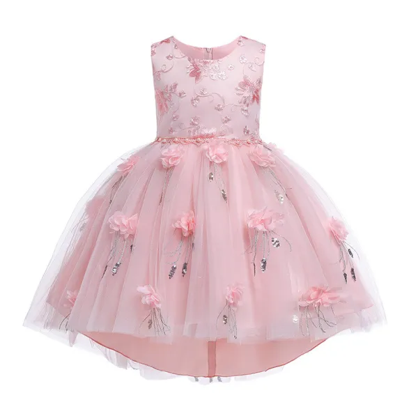 Kid Girl Pearls Embroidery 3D Sequins Flowers Mesh Party Dresses