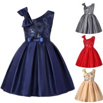 Kid Girl Sleeveless Fireworks Sequins Print With Bowknot Strap Dress