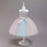 Kid Girl Embroidery Stars Moon 3D Flowers Colorful Mesh Flower Girl Dress With Bowknot
