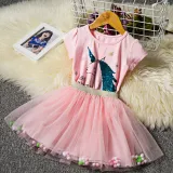 Kid Girl Unicorn Sequined Top and Pompom Tutu Mesh Skirt Two Pieces