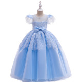Kid Girl Hollow Out Embroidery Flowers Bowknot Royal Fly Sleeves Dressess