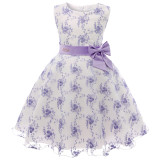 Kid Girl 3D Embroidery Flowers With Bowknot Mesh Pompadour Sleeveless Dress