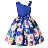 Kid Girl Print Rose Flowers Beads One Shoulder Dress With Bowknot
