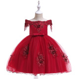 Kid Girl Pearls Embroidery 3D Flowers  Off The Shoulder Party Dress