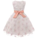 Kid Girl 3D Embroidery Flowers With Bowknot Mesh Pompadour Sleeveless Dress