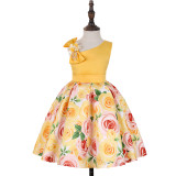 Kid Girl Print Rose Flowers Beads One Shoulder Dress With Bowknot