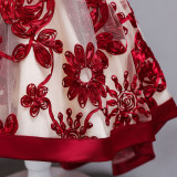 Kid Girl Embroidered 3D Flowers Mesh Wedding Party Dress With Bowknot