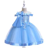 Kid Girl Pearl Embroidery 3D Flowers Bowknot Off The Shoulder Wedding Party Dresses