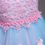 Kid Girl 3D Lace Embroidery Flower Pearls Bowknot Mesh Wedding Party Sleeveless Dresses