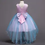 Kid Girl 3D Lace Embroidery Flower Pearls Bowknot Mesh Wedding Party Sleeveless Dresses
