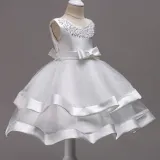 Kid Girl Pearls Beads Two Layered Mesh Wedding Party Sleeveless Satin Dress With Bowknot