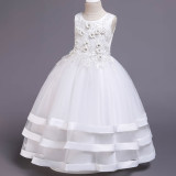 Kid Girl 3D Embroidered Flowers Diamond Mesh Layers With Bowknot Wedding Party Sleeveless Dress