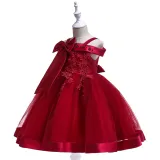 Kid Girl Pearl Embroidery 3D Flowers Bowknot Off The Shoulder Wedding Party Dresses