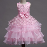 Kid Girl Sequins Diamond-Studded Layers Ruffles Lace Wedding Party Sleeveless Dress