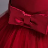 Kid Girl Pearls Beads Two Layered Mesh Wedding Party Sleeveless Satin Dress With Bowknot