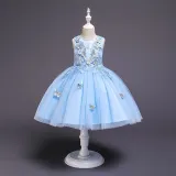 Kid Girl Embroidery 3D Butterflies With Bowknot Lace Mesh Wedding Party Sleeveless Dress