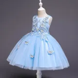 Kid Girl Embroidery 3D Butterflies With Bowknot Lace Mesh Wedding Party Sleeveless Dress