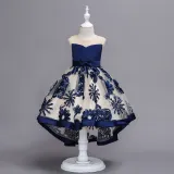 Kid Girl Embroidered 3D Flowers Mesh Wedding Party Dress With Bowknot