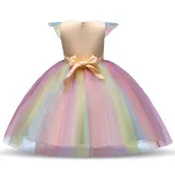 Kid Girl 3D Pearls Flowers Unicon Rainbow Tutu Princess Dress