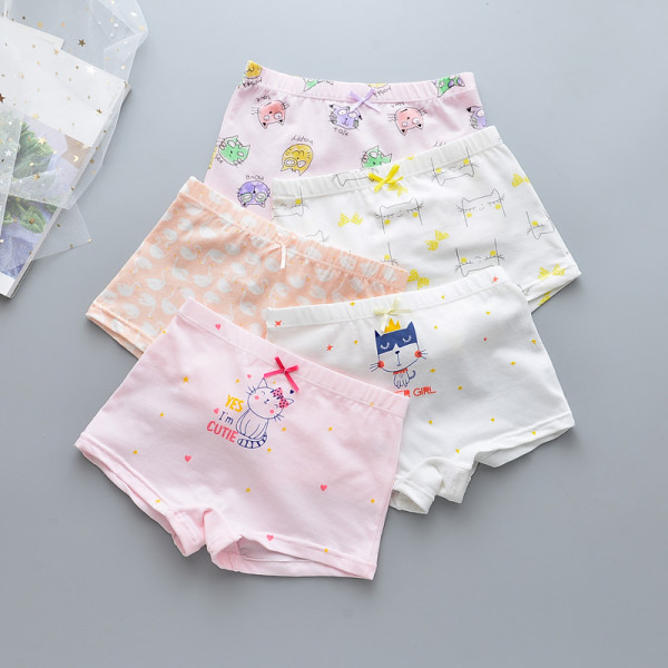 Kid Girls 5 Packs Print Cute Cat Boxer Briefs Cotton Underwear