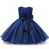 Kid Girl 3D Rose Flowers Lace Bowknot Bright Spot Gown Dress