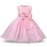 Kid Girl 3D Rose Flowers Lace Bowknot Bright Spot Gown Dress