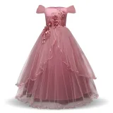 Kid Girl 3D Flowers Sequined Mesh Off The Shoulder Wedding Party Dress