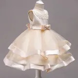 Kid Girl Pearls Beads Two Layered Mesh Wedding Party Sleeveless Satin Dress With Bowknot