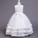 Kid Girl 3D Embroidered Flowers Diamond Mesh Layers With Bowknot Wedding Party Sleeveless Dress
