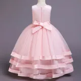 Kid Girl 3D Embroidered Flowers Diamond Mesh Layers With Bowknot Wedding Party Sleeveless Dress