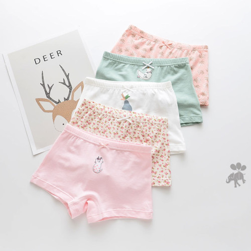 Kid Girls 5 Packs Print Flowers Cute Animals Boxer Briefs Cotton Underwear
