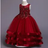 Kid Girl 3D Embroidered Flowers Diamond Mesh Layers With Bowknot Wedding Party Sleeveless Dress
