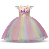 Kid Girl 3D Pearls Flowers Unicon Rainbow Tutu Princess Dress
