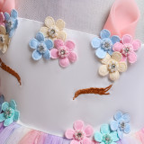 Kid Girl 3D Pearls Flowers Unicon Rainbow Mesh Layers Lace Princess Dress