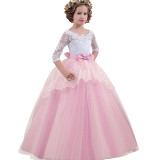 Kid Girl Lace Long Sleeve Hollow Out Embroidery Flowers  Princess Dress With Bowknot