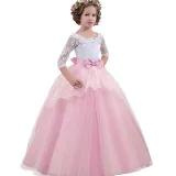 Kid Girl Lace Long Sleeve Hollow Out Embroidery Flowers  Princess Dress With Bowknot