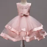 Kid Girl Pearls Beads Two Layered Mesh Wedding Party Sleeveless Satin Dress With Bowknot