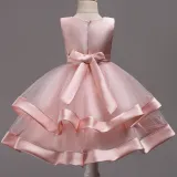 Kid Girl Pearls Beads Two Layered Mesh Wedding Party Sleeveless Satin Dress With Bowknot