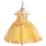 Kid Girl Pearl Embroidery 3D Flowers Bowknot Off The Shoulder Wedding Party Dresses