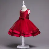 Kid Girl Pearls Beads Two Layered Mesh Wedding Party Sleeveless Satin Dress With Bowknot