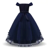Kid Girl 3D Flowers Sequined Mesh Off The Shoulder Wedding Party Dress