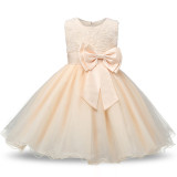Kid Girl 3D Rose Flowers Lace Bowknot Bright Spot Gown Dress