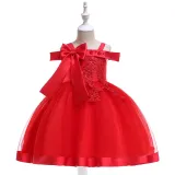 Kid Girl Pearl Embroidery 3D Flowers Bowknot Off The Shoulder Wedding Party Dresses