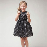 Kid Girl Lace Cut-Out Embroidered Flower Sleeveless Dress with Bowknot